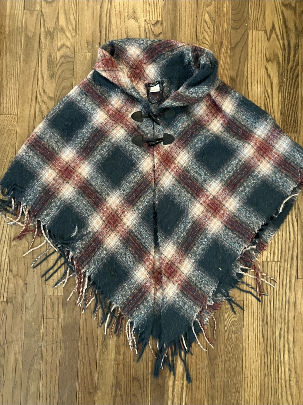 Plaid Hooded Toggle Poncho in Navy, Maroon & Cream